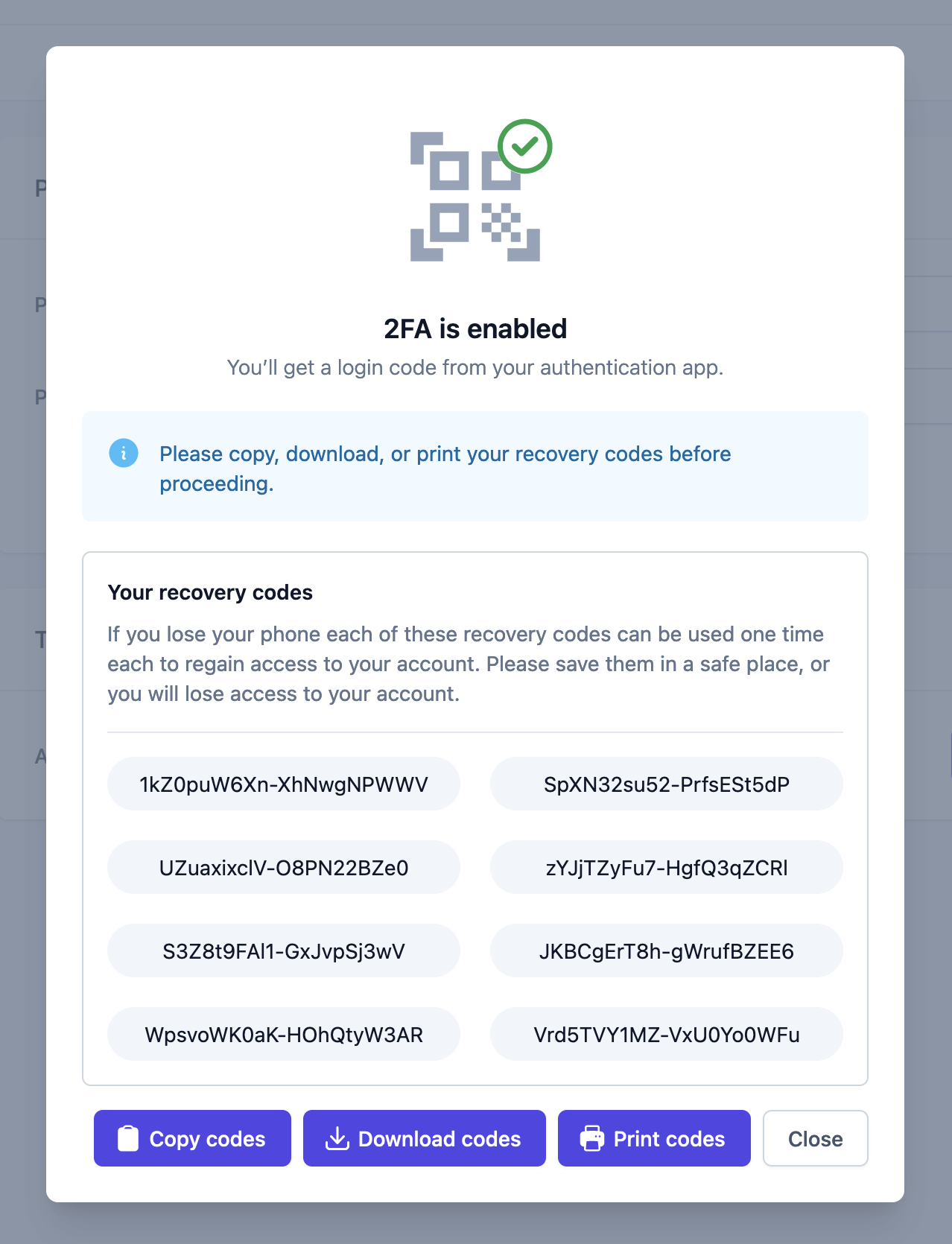 User Profile 2FA recovery codes modal